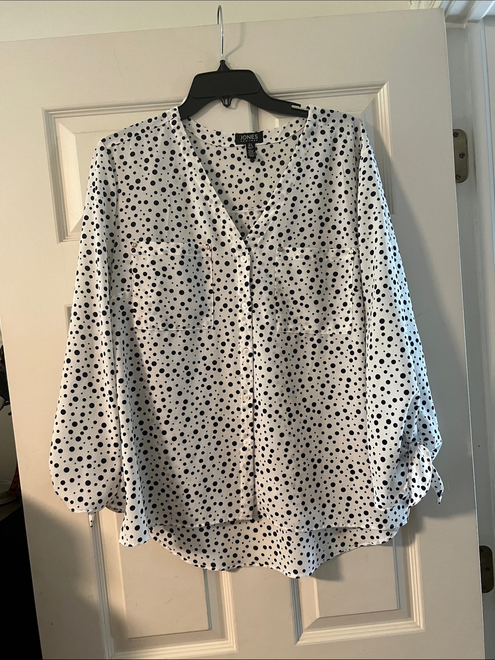 Jones New York White Blouse with Black Polka Dots